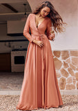 A-line V Neck Full/Long Sleeve Floor-Length Jersey Bridesmaid Dresses with Pleated Sashes Paige STIP0025246