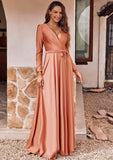 A-line V Neck Full/Long Sleeve Floor-Length Jersey Bridesmaid Dresses with Pleated Sashes Paige STIP0025246