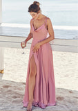 A-line V Neck Sleeveless Floor-Length Stretch Satin Bridesmaid Dresses with Split Tori STIP0025247