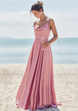 A-line V Neck Sleeveless Floor-Length Stretch Satin Bridesmaid Dresses with Split Tori STIP0025247