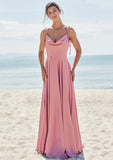 A-line V Neck Sleeveless Floor-Length Stretch Satin Bridesmaid Dresses with Split Tori STIP0025247