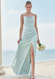 A-line Square Neckline Sleeveless Floor-Length Stretch Satin Bridesmaid Dresses with Split Judith STIP0025248