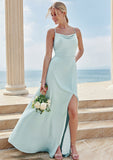 A-line Square Neckline Sleeveless Floor-Length Stretch Satin Bridesmaid Dresses with Split Judith STIP0025248