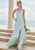 A-line Square Neckline Sleeveless Floor-Length Stretch Satin Bridesmaid Dresses with Split Judith STIP0025248