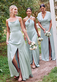 A-line Square Neckline Sleeveless Floor-Length Stretch Satin Bridesmaid Dresses with Split Judith STIP0025248