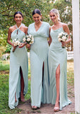 A-line Square Neckline Sleeveless Floor-Length Stretch Satin Bridesmaid Dresses with Split Judith STIP0025248