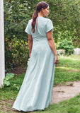 Empire V Neck Short Sleeve Floor-Length Stretch Satin Bridesmaid Dresses with Split Marcie STIP0025249