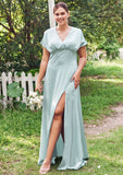 Empire V Neck Short Sleeve Floor-Length Stretch Satin Bridesmaid Dresses with Split Marcie STIP0025249