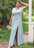 Empire V Neck Short Sleeve Floor-Length Stretch Satin Bridesmaid Dresses with Split Marcie STIP0025249