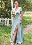 Empire V Neck Short Sleeve Floor-Length Stretch Satin Bridesmaid Dresses with Split Marcie STIP0025249