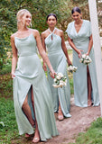 Empire V Neck Short Sleeve Floor-Length Stretch Satin Bridesmaid Dresses with Split Marcie STIP0025249