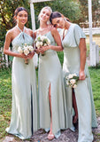 Empire V Neck Short Sleeve Floor-Length Stretch Satin Bridesmaid Dresses with Split Marcie STIP0025249