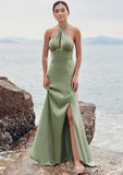 A-line Halter Sleeveless Floor-Length Stretch Satin Bridesmaid Dresses with Split Mignon STIP0025250