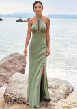 A-line Halter Sleeveless Floor-Length Stretch Satin Bridesmaid Dresses with Split Mignon STIP0025250