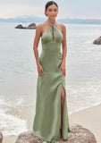 A-line Halter Sleeveless Floor-Length Stretch Satin Bridesmaid Dresses with Split Mignon STIP0025250