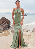 A-line Halter Sleeveless Floor-Length Stretch Satin Bridesmaid Dresses with Split Mignon STIP0025250