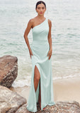 Sheath/Column One-Shoulder Sleeveless Floor-Length Stretch Satin Bridesmaid Dresses with Pleated Split Hayden STIP0025251