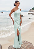 Sheath/Column One-Shoulder Sleeveless Floor-Length Stretch Satin Bridesmaid Dresses with Pleated Split Hayden STIP0025251