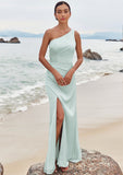 Sheath/Column One-Shoulder Sleeveless Floor-Length Stretch Satin Bridesmaid Dresses with Pleated Split Hayden STIP0025251