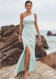 Sheath/Column One-Shoulder Sleeveless Floor-Length Stretch Satin Bridesmaid Dresses with Pleated Split Hayden STIP0025251