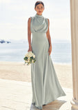 A-line High-Neck Sleeveless Floor-Length Stretch Satin Bridesmaid Dresses Helen STIP0025252