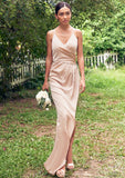 Sheath/Column V Neck Sleeveless Asymmetrical Stretch Satin Bridesmaid Dresses with Pleated Split Elsie STIP0025253