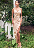 Sheath/Column V Neck Sleeveless Asymmetrical Stretch Satin Bridesmaid Dresses with Pleated Split Elsie STIP0025253