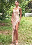 Sheath/Column V Neck Sleeveless Asymmetrical Stretch Satin Bridesmaid Dresses with Pleated Split Elsie STIP0025253