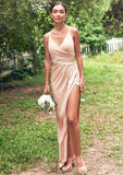 Sheath/Column V Neck Sleeveless Asymmetrical Stretch Satin Bridesmaid Dresses with Pleated Split Elsie STIP0025253