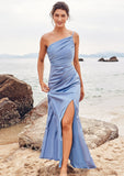 Trumpet/Mermaid One-Shoulder Sleeveless Floor-Length Stretch Satin Bridesmaid Dresses with Pleated Split Armani STIP0025254