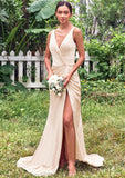 Trumpet/Mermaid V Neck Sleeveless Floor-Length Stretch Satin Bridesmaid Dresses with Pleated Split Payton STIP0025255