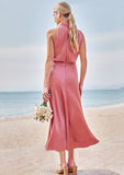 Sheath/Column High-Neck Sleeveless Tea-Length Stretch Satin Bridesmaid Dresses with Pleated Breanna STIP0025257