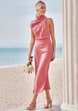 Sheath/Column High-Neck Sleeveless Tea-Length Stretch Satin Bridesmaid Dresses with Pleated Breanna STIP0025257