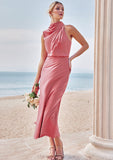 Sheath/Column High-Neck Sleeveless Tea-Length Stretch Satin Bridesmaid Dresses with Pleated Breanna STIP0025257