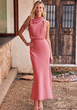 Sheath/Column High-Neck Sleeveless Tea-Length Stretch Satin Bridesmaid Dresses with Pleated Breanna STIP0025257