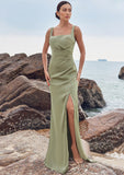 Sheath/Column Square Neckline Sleeveless Floor-Length Stretch Satin Bridesmaid Dresses with Pleated Split Carly STIP0025258