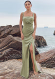 Sheath/Column Square Neckline Sleeveless Floor-Length Stretch Satin Bridesmaid Dresses with Pleated Split Carly STIP0025258