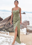 Sheath/Column Square Neckline Sleeveless Floor-Length Stretch Satin Bridesmaid Dresses with Pleated Split Carly STIP0025258