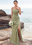 Sheath/Column Square Neckline Sleeveless Floor-Length Stretch Satin Bridesmaid Dresses with Pleated Split Carly STIP0025258