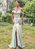 A-line V Neck Sleeveless Floor-Length Stretch Satin Bridesmaid Dresses with Split Siena STIP0025263