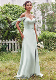 A-line V Neck Sleeveless Floor-Length Stretch Satin Bridesmaid Dresses with Split Siena STIP0025263