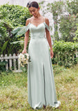 A-line V Neck Sleeveless Floor-Length Stretch Satin Bridesmaid Dresses with Split Siena STIP0025263