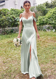 A-line V Neck Sleeveless Floor-Length Stretch Satin Bridesmaid Dresses with Split Siena STIP0025263