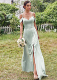 A-line V Neck Sleeveless Floor-Length Stretch Satin Bridesmaid Dresses with Split Siena STIP0025263