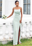 Sheath/Column Square Neckline Sleeveless Floor-Length Stretch Satin Bridesmaid Dresses with Pleated Split Cecilia STIP0025264