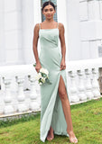 Sheath/Column Square Neckline Sleeveless Floor-Length Stretch Satin Bridesmaid Dresses with Pleated Split Cecilia STIP0025264