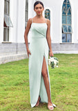 Sheath/Column Square Neckline Sleeveless Floor-Length Stretch Satin Bridesmaid Dresses with Pleated Split Cecilia STIP0025264