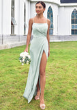 Sheath/Column Square Neckline Sleeveless Floor-Length Stretch Satin Bridesmaid Dresses with Pleated Split Cecilia STIP0025264