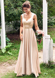 A-line V Neck Sleeveless Floor-Length Stretch Satin Bridesmaid Dresses with Pleated Lorelei STIP0025266