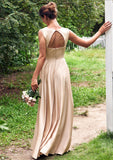 A-line V Neck Sleeveless Floor-Length Stretch Satin Bridesmaid Dresses with Pleated Lorelei STIP0025266